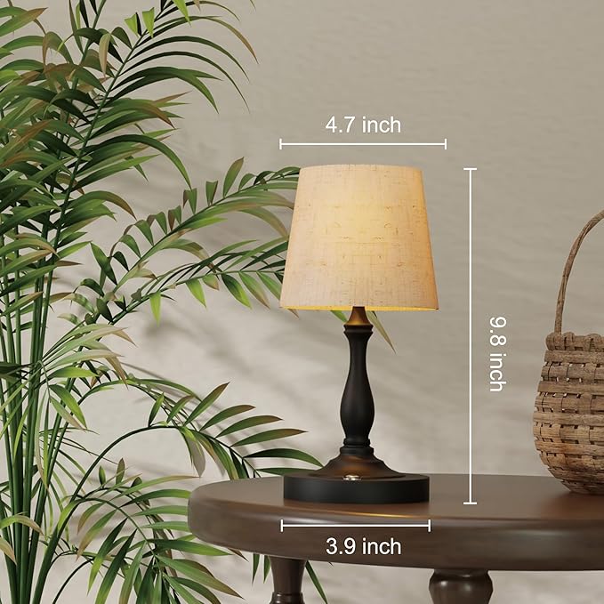 Cute Cordless Rechargeable Table Lamp with Linen Shade, 3 Color Temps LED Dimmable Ambient Lighting, Small Retro Touch Bedside Light for Decor, Metal Base.