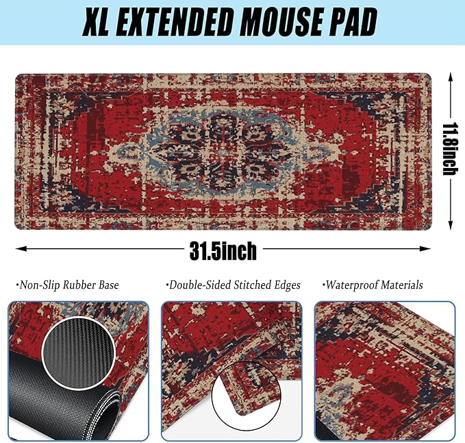 Desk Mat,Boho Carpet Style Large Gaming Mouse Pad XL,Boho Rug Desk Pad,Extended Big Computer Keyboard Mouse Pad with Non-Slip Base and Stitched Edges 31.5"x11.8"