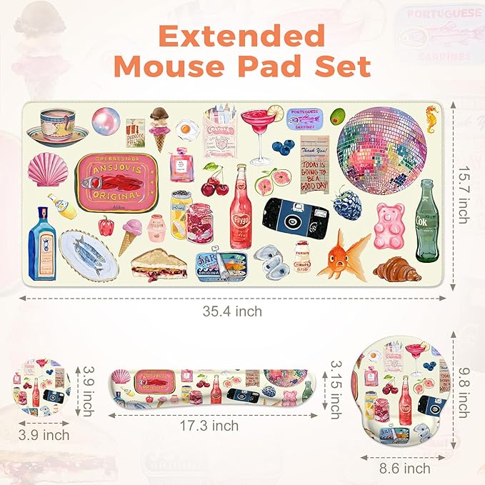 iLeadon Large Desk Cover Mat, Non Slip Gel Mouse Pad with Wrist Support Extra Large, Computer Desk Mat with Keyboard Wrist Rest and Mouse Pad Set, Computer Mats for Desktop Women (Vintage Stickers)