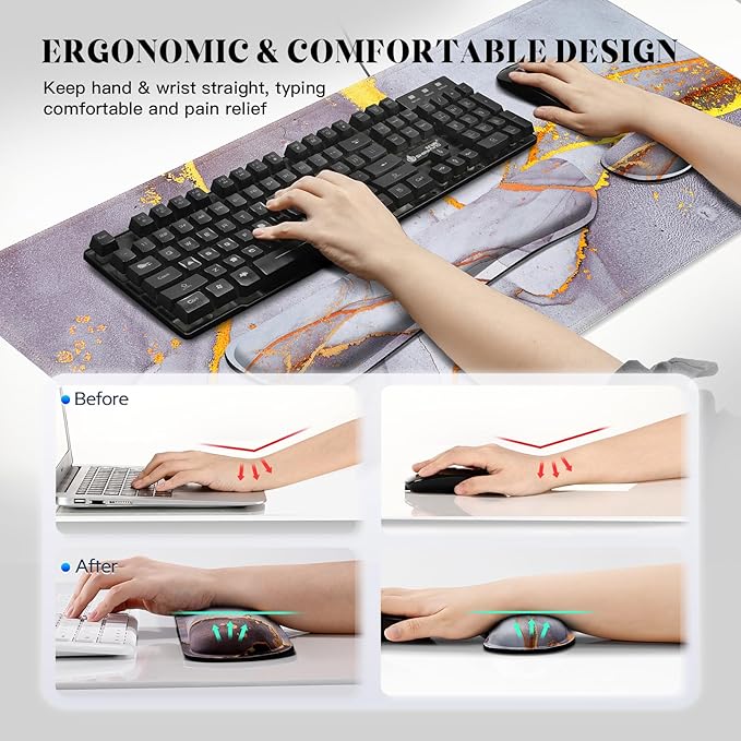 Gimars 4 in 1 Mouse Pad and Keyboard Wrist Rest Set, Large Mouse Pad with Memory Foam Wrist Support Pad for Desk with Coaster, Easy Typing, Gaming Office Home, 31.5x12 inch, Gray Golden