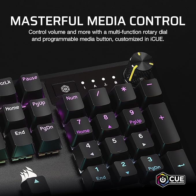 CORSAIR K70 CORE RGB Mechanical Wired Gaming Keyboard with Palmrest – Pre-Lubed MLX Red Linear Switches, SOCD, ABS Double-Shot Keycaps, Sound Dampening, Media Control Dial, QWERTY NA – Black
