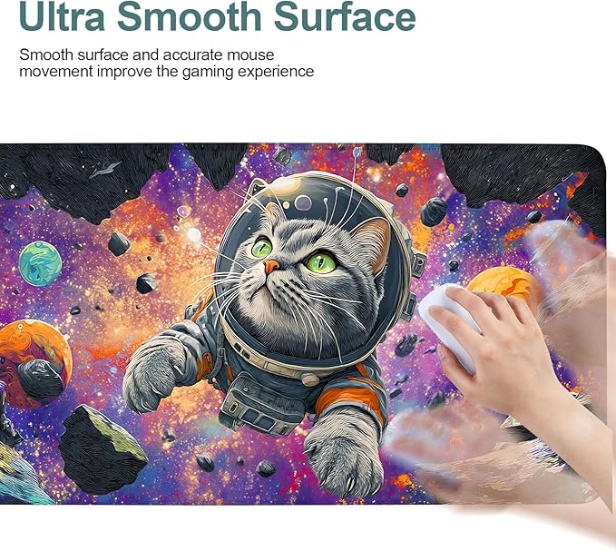 Cat Astronaut Extended Gaming Mouse Pad 35.4x15.7Inch Large Desk Mat Anti-Slip Rubber Base & Durable Stitched Edges for Gamers Smooth Mouse Writing Surface for Desk Office/Home