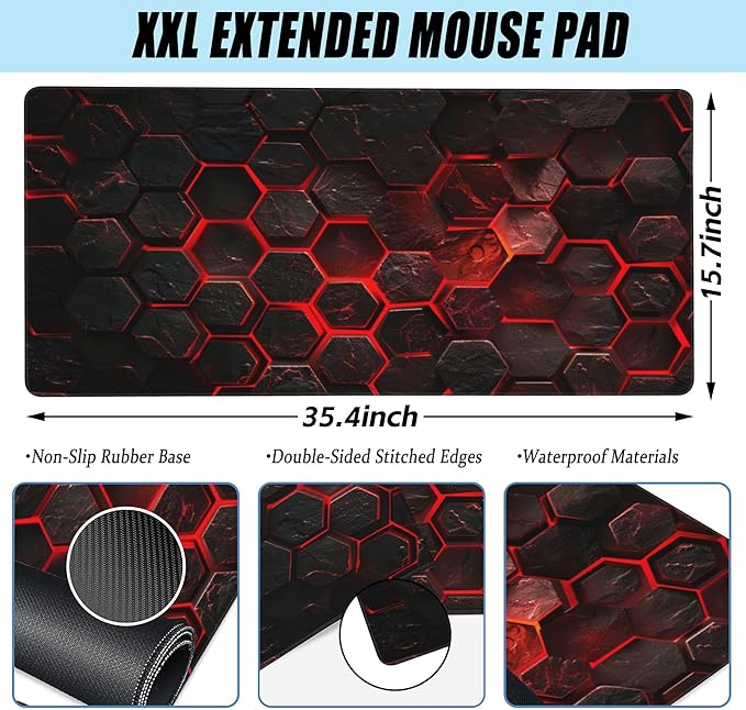Large Gaming Mouse Pad for Desk,Red Honeycomb Science Technology Desk Mat,Honeycomb Hexagon Desk Pad,Extended Big Computer Keyboard Mouse Pad with Non-Slip Base Stitched Edges 35.4"x15.7"