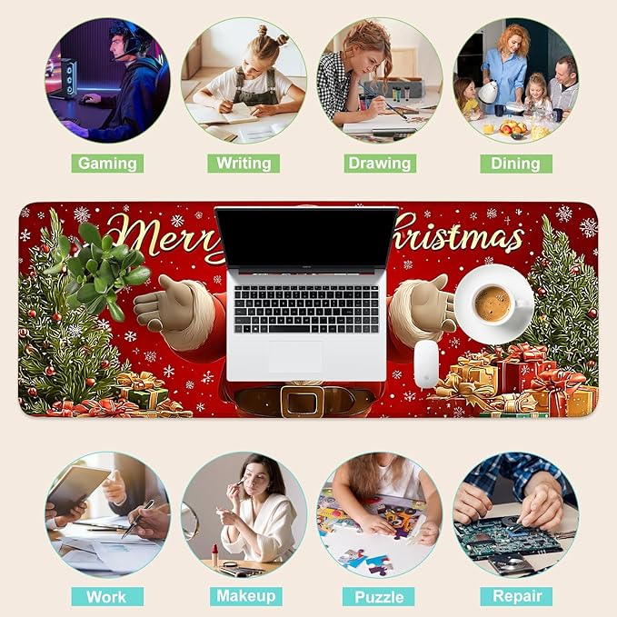 Desk Mat, XXL Extended Gaming Pad for Desktop, 31x12 Inches Jolly Santa with Tree, Large Non-Slip Vegan Leather Surface with Stitched Edges, Keyboard Mouse Mat for Home Office
