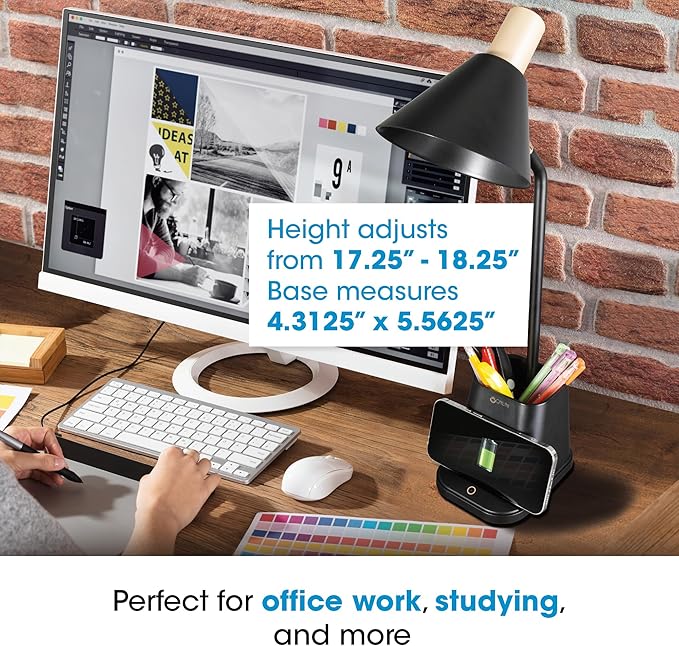 OttLite Merge LED Desk Lamp with Wireless Charging - ClearSun LED Technology, 3 Brightness Settings & Color Temperature Modes with Touch Activated Controls - Includes Storage Area for Desk Supplies