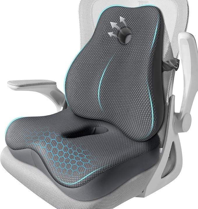 Seat Cushion, Lumbar Support Pillow for Office Chair, Memory Foam Coccyx Seat Cushion, Ergonomic Mesh Back Support Pillow, Office Desk Chair Cushion for Coccyx, Back & Tailbone Support, Grey