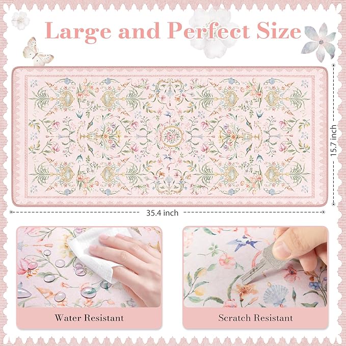 HAOCOO French Floral Desk Mat, Pink Desk Cover Mat, 35.4" x 15.7" Cute Long Mouse Pad, Aesthetic Flower Desktop Mat Accessories, Waterproof Teacher Desk Mat for Work, Study