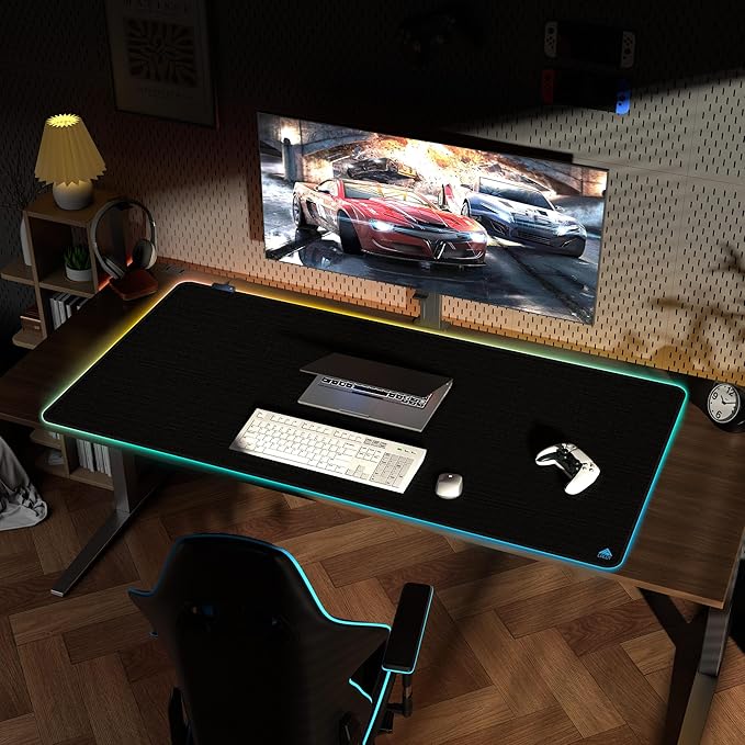 Cacoy 55"x27.5" Extra Large RGB Gaming Mouse Pad XXL, Extended LED Computer Keyboard Mouse Mat with 9 Light Mode, Oversize Office Desk Matt for Desktop with Stitched Edge & Non-Slip Rubber Base, Black