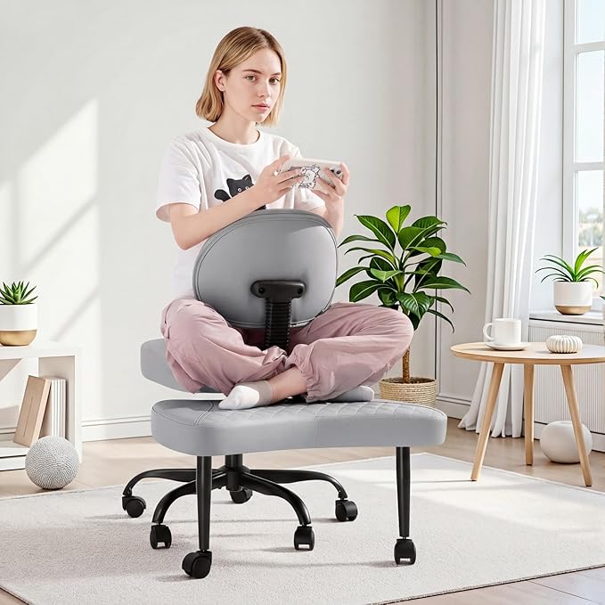 GUNJI Ergonomic Criss Cross Legged Office Chair, 360° Swivel Meditation Kneeling Chair with Wheels, ADHD Chair with Footrest, Lumbar Support, Wider Height Adjustable Seat (Grey, Faux Leather)