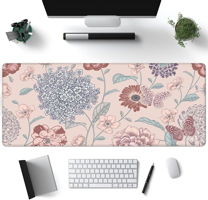 Desk Mat, Vintage Dark Flowers Butterfly XXL 35.4"x15.7"Large Gaming Mouse Pad, 3mm Thick Gaming Keyboard Pad,Desk Pad Non-Slip Rubber Base with Stitched Edges for Office Game Home Decor