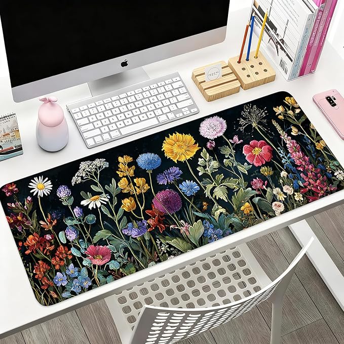 Desk Mat, XXL Extended Gaming Pad for Desktop, 35x16 Inches Vibrant Floral Colorful Flower Bouquet, Large Non-Slip Vegan Leather Surface with Stitched Edges, Keyboard Mouse Mat for Home Office