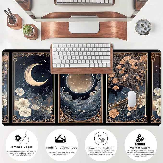 Celestial Lunar Nature Tarot Card Desk Mat Moon Floral Large Mouse Pad XXL 31.5''X 15.7'' Witch Night Botanical Desk Pad Gaming Mousepad Keyboard Mouse Mat for Laptop Computer Office Decor Gift