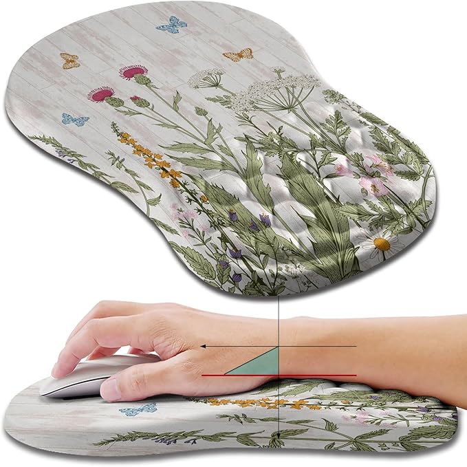 Hokafenle Ergonomic Mouse Pad Wrist Support, Wrist Rest Mousepad for Carpal Tunnel with Integrated Memory Foam Slope Massage Bulge (11.8x7.9 inch,Garden Flowers)