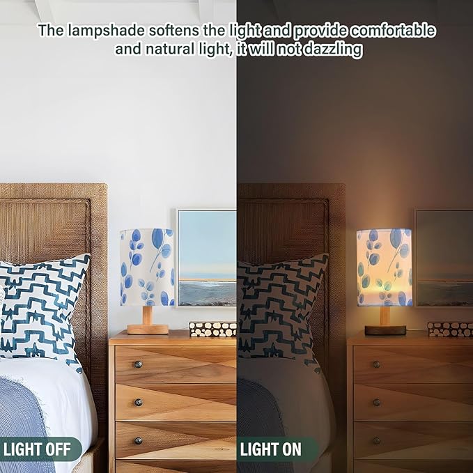 Blue Floral LED Table Lamp, Bedside Lamp with Linen Lampshade, Flicker-Free Eye Care USB Plug in Nightstand Lamp, for Bedroom and Office