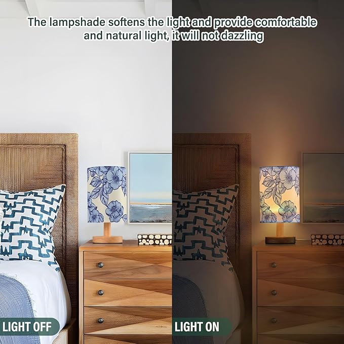 Blue Floral LED Table Lamp, Bedside Lamp with Linen Lampshade, Flicker-Free Eye Care USB Plug in Nightstand Lamp, for Bedroom and Office