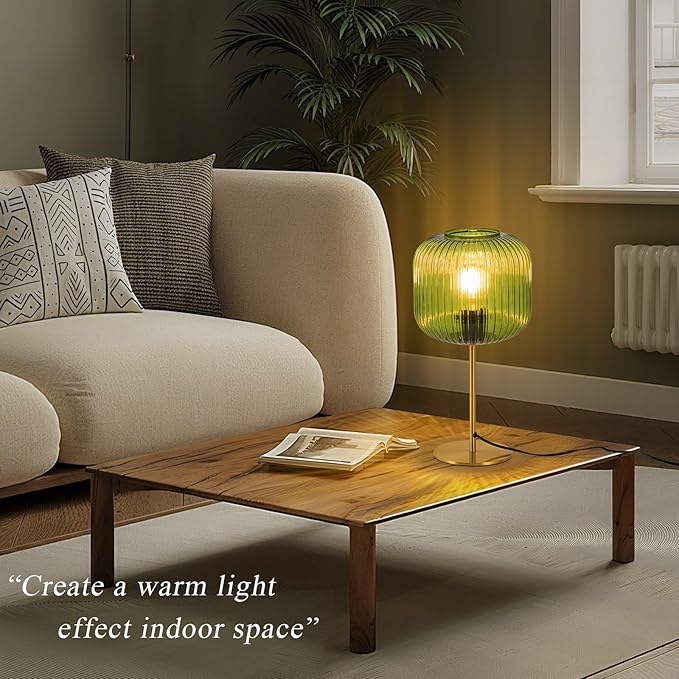 Vintage Glass Table Lamps, Small Green Bedside Table Lamp with Plug-in Style, Mid Century Modern Globe Nightstand Lamp for Bedroom, Gold Desk lamp for Bedroom Living Room Office