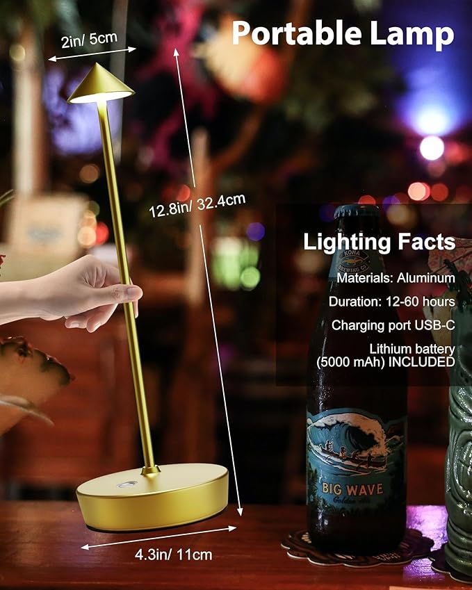 Cordless Table Lamps Rechargeable, 6000mAh Battery Operated LED Desk Lamp Outdoor Waterproof Portable Touch Dimmable Table Light for Patio Restaurant Dining Home Set of 2 Brass