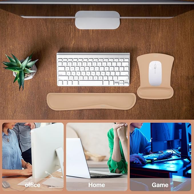 MOSISO Wrist Rest Support for Mouse Pad & Keyboard Set, Ergonomic Mousepad Non-Slip Base Home/Office Easy Typing Cushion with Neoprene Cloth & Raised Memory Foam, Mocha