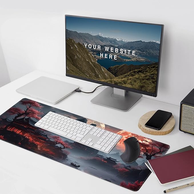 Desk Mat, Japanese Full Moon XXL 35.4"x15.7"Large Gaming Mouse Pad, 3mm Thick Gaming Keyboard Pad,Desk Pad Non-Slip Rubber Base with Stitched Edges for Office Game Home Decor