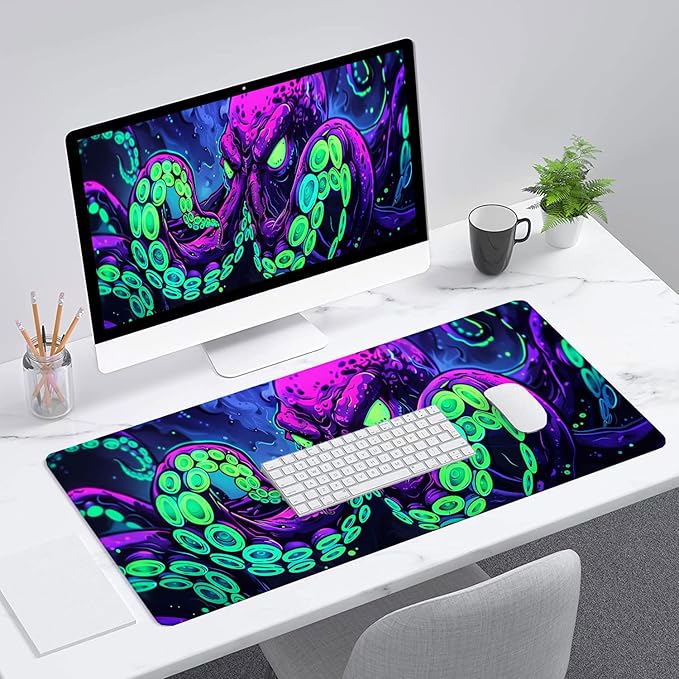 Octopus Desk Mat Gaming Mouse Pad Neon Cthulhu Monster Cool XL Mouse Pad Large Mousepad Extended Laptop Keyboard Mat Gaming Desk Pad Mouse Mat Office Computer Keyboard Laptop Home 35.4"x15.7"