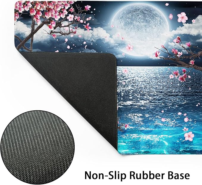 Pink Cherry Blossom Gaming Mouse Pad XL Sakura Tree Blue Ocean Moon Night Extended Big Large Desk Mat Non-Slip Rubber Base Stitched Edge Long Keyboard Mousepad for PC Computer Laptop,31.5×11.8 in