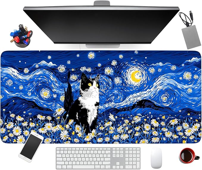 Large Mouse Pad & Keyboard Mat 35x16 Inches, Van Gogh Starry Night with Cat and Daisy Non-Slip Rubber Base Desk Mat, Large Extended Desk Protector for Home Office Gaming Setup