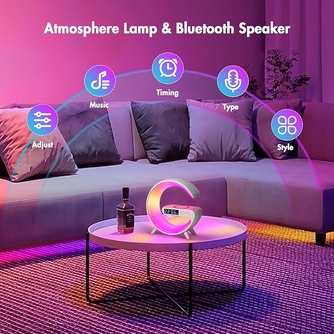 DEECOZY Mini Wireless Charger Atmosphere Lamp, Bluetooth Speaker LED Table Lamp, 10 Lights Mode Dimmable Night Light Bedside Lamp Alarm Clock with Music for Christmas Birthday Valentines Day Gifts