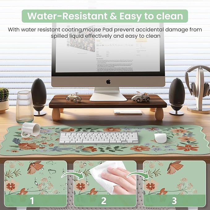 iCasso Large Mouse Pad, Scalloped Desk Matt for Desktop, Anti-Slip Big Mousepad with Stitched Edges, Floral Desk Mat for Keyboard and Mouse for Computer(Light Green)