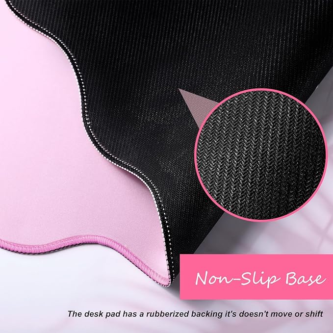 Scalloped Desk Mat Large Scalloped Piping Cute Desk Mat Aesthetic Preppy Table Pad Large Nonslip Pad with Edge Stitching Waterproof Gaming(Pink,31.5 x 15.75 Inches)