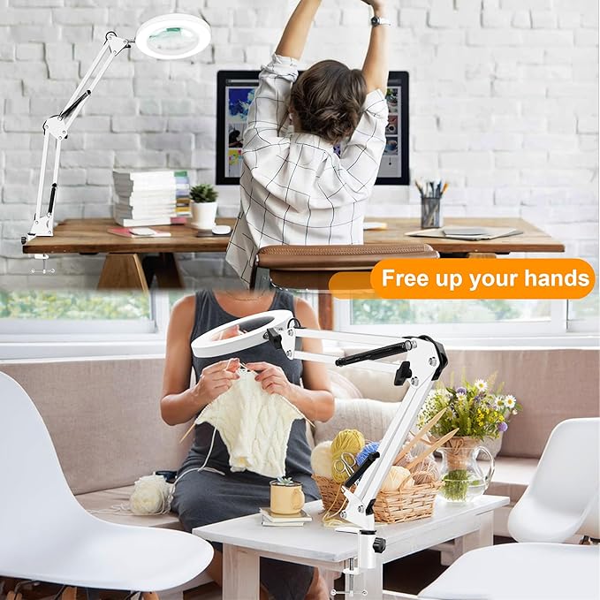 10X Magnifying Glass with Light and Clamp, Real Glass LED Lighted Magnifier, 3 Color Modes 10 Level Dimmable, Magnifying Lamp with Clamp for Reading Craft Hobby Close Work, White