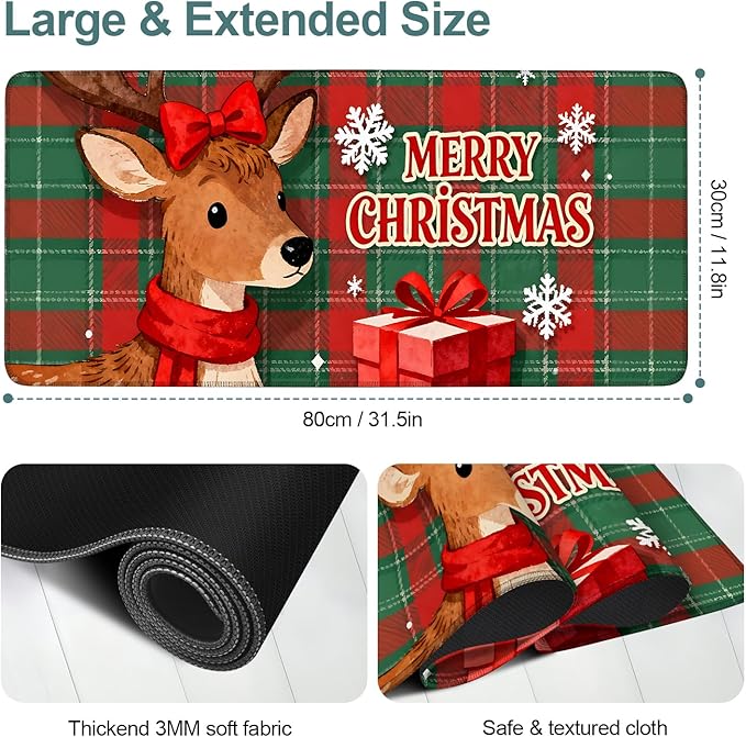 Extended Gaming Merry Christmas - Elk, 31.5x11.8inches Mouse Pad Large Desk Mat Anti-Slip Rubber Base & Durable Stitched Edges for Gamers Smooth Mouse Writing Surface for Desk Office/Home