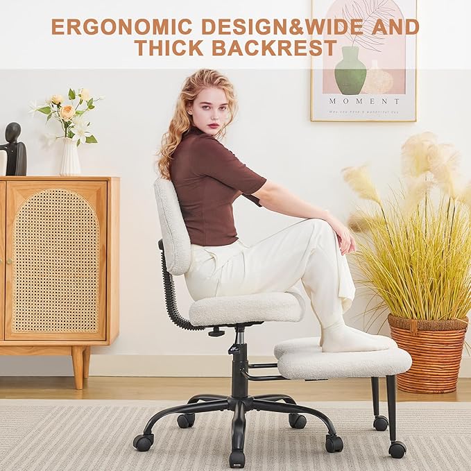 Ergonomic Criss Cross Legged Office Chair, ADHD Chair, Wide Height Adjustable Seat 360° Swivel Footstool with Wheels, Teddy Fabric Meditation Kneeling Chair, for The Restless Home Workers, White