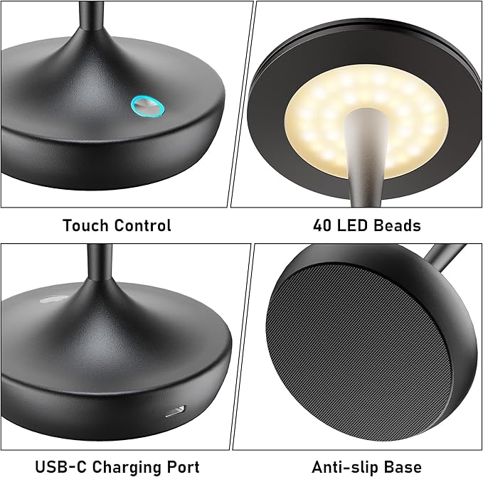 YHT 2Pack CordlessTable Lamps Rechargeable, 6000mAh Battery Portable LED Touch Led Table Lamp, 3-Color Stepless Dimming & Memory Function, for Outdoor, Dinning, Patio, Restaurant, Kitchen (2 Black)