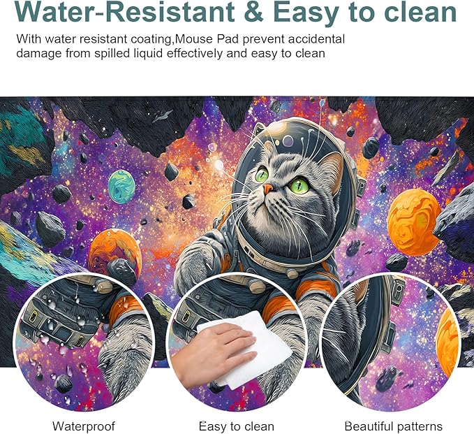 Cat Astronaut Extended Gaming Mouse Pad 31.5x11.8inches Large Desk Mat Anti-Slip Rubber Base & Durable Stitched Edges for Gamers Smooth Mouse Writing Surface for Desk Office/Home