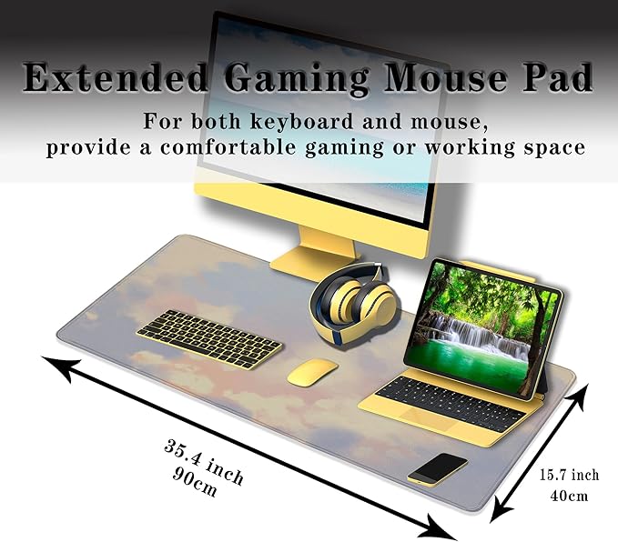 Gaming Mouse Pad Pink Keyboard Mat, Large Mouse Pads Desk Mat for Women Office Desk Pads, Mouse Pad Gaming Non-Slip Rubber Base, 35.4 X 15.7 inch for Work/Game/Office/Home Pastel Color Sky