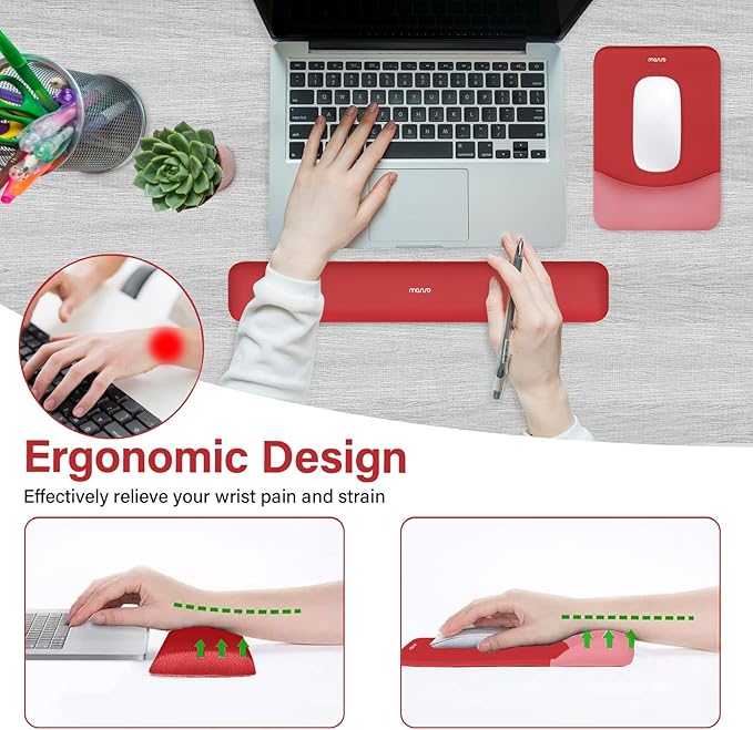 MOSISO Wrist Rest Support for Mouse Pad&Keyboard Set, Rectangular Ergonomic Mousepad Non-Slip Base Home/Office Easy Typing Pad with Neoprene Cloth&Raised Silicone Lining, Red