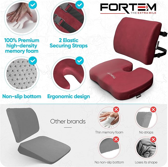 FORTEM Seat Cushion, Office Chair Cushion, Lumbar Support Pillow for Office Chair, Memory Foam Ergonomic Coccyx & Lumbar Support, Car Sitting Pad, Washable Non Slip, XL