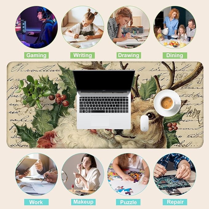 Desk Mat, XXL Extended Gaming Pad for Desktop, 35x16 Inches Santa and Reindeer Classic Scene, Large Non-Slip Vegan Leather Keyboard Mouse Mat for Home Office