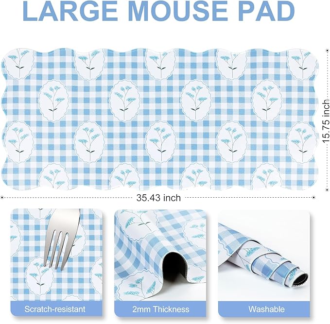 L-SPOUTTO Blue Mouse Pad,Checkered Floral Desk Mat XXL Large Scalloped Gaming Mousepad,35.4x15.7in Non-Slip Rubber Base Keyboard Pad Desktop Mat for Laptop Computer Game Home Office-Checkered Flowers