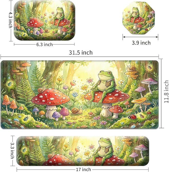 Large Gaming Mouse Pad + Memory Foam Ergonomic Keyboard Wrist Rest Support + Wrist Rest + Coaster, Green Desk Decor Mat, Stitched Edge Non Slip Desk Mat 4PC for Office & Home, Cute Frog Kawaii