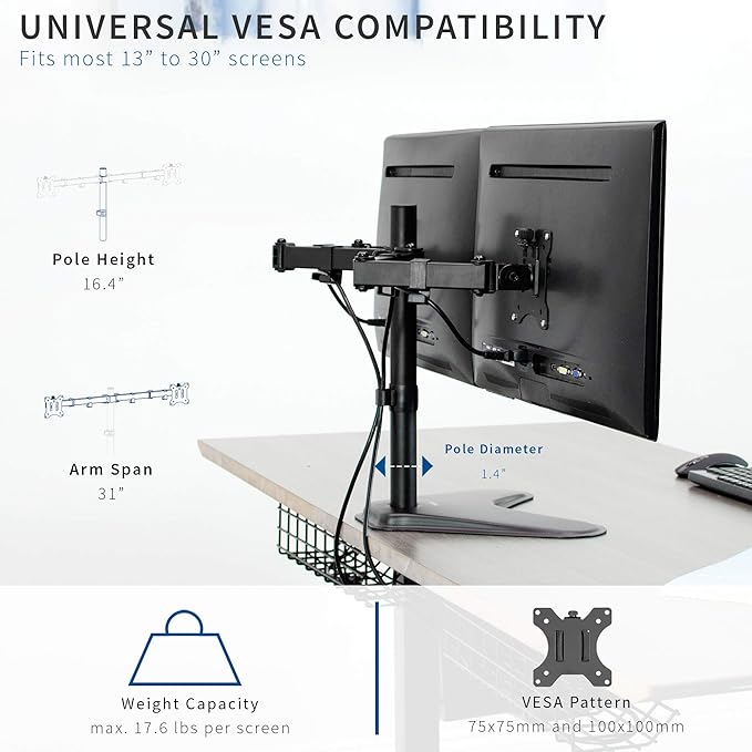 VIVO Dual 13 to 30 inch Monitor Free-Standing Mount, Fully Adjustable Desk Stand, Holds 2 Flat or Curved Display Screens, STAND-V102F
