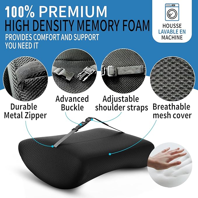 Seat Cushion & Office Chair Cushion, Lumbar Support Pillow for Office Chair, Ergonomic Memory Foam Non-Slip Office Chair Cushion, Back Support Cushion for Tailbone & Coccyx Comfort, Black