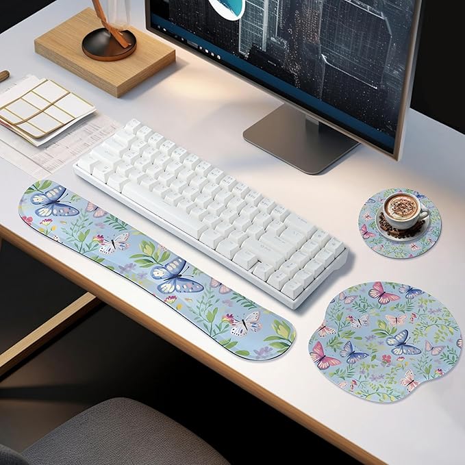Ergonomic Keyboard Mouse Pad Wrist Rest Support Set for Laptop/Computer/Desktop,Memory Foam Hand Rest Wrist Cushion for Gaming/Office,Lightweight Comfortable (Butterflies)
