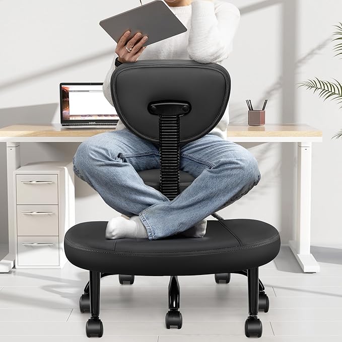 Primy Criss Cross Office Chair - ADHD Cross Legged Chair with Wheels - Adjustable Height Ergonomic Kneeling Desk Chairs for Meditation Yoga Home Office with Backrest, 360°Rotating Footrest - Black