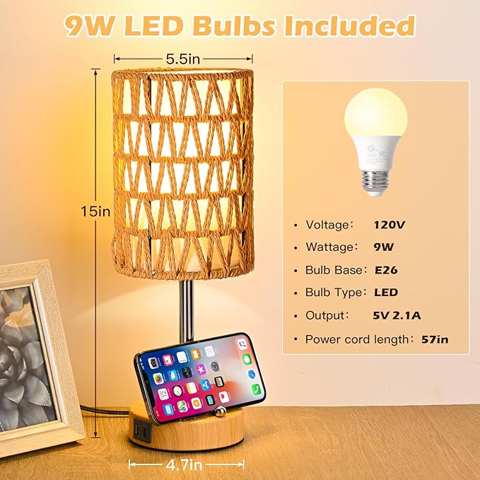 Rattan Table Lamps for Living Room, 3 Way Dimmable Touch Lamps, Small Bedside Lamps with LED Bulbs, Phone Stand, USB Ports and AC Outlet, Boho Nightstand Lamp for Bedroom Office (1 Pack Faux Wood)