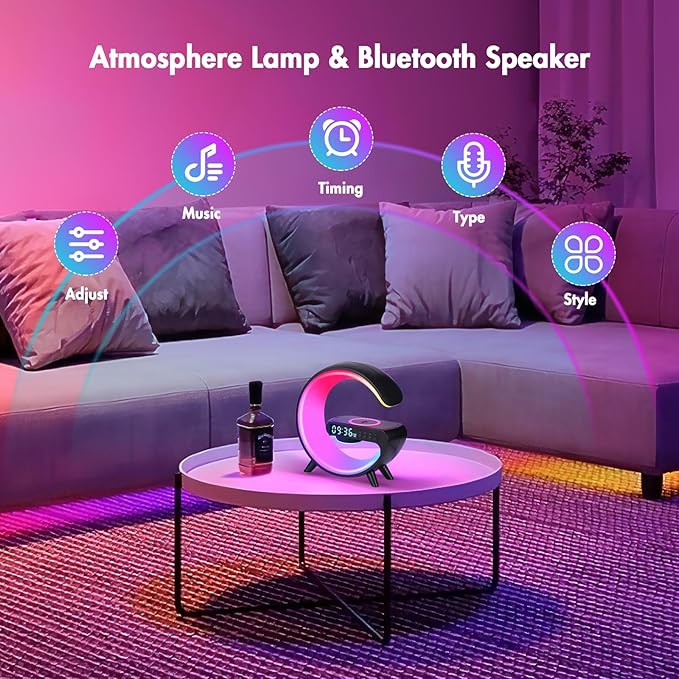 Blingbin Wireless Charger Atmosphere Lamp, 2025 New Mini LED Table Lamp, Bluetooth Speaker, Dimmable Night Light Bedside Lamp Alarm Clock with Music for Christmas Birthday New Year Gifts