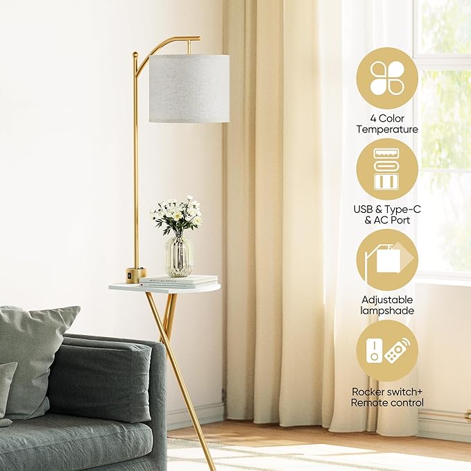 ROTTOGOON Floor Lamp with Table, End Table Lamp with Remote Control and Charging Station(USB & Type-C & AC Port), 4 Color Temperatures, Floor Lamps for Living Room, Bedroom and Home Office,Gold