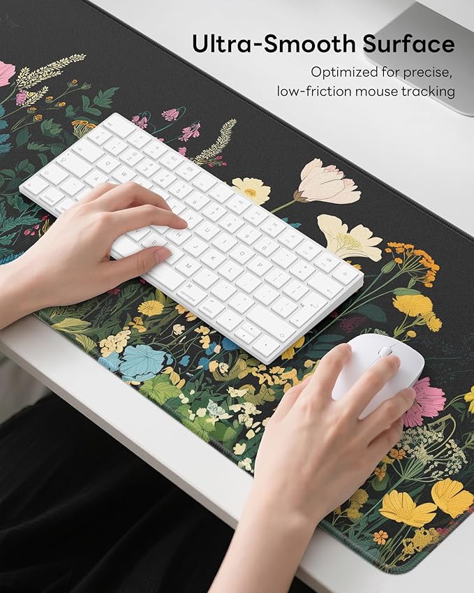 Floral Mouse Pad, 31.5 x 11.8 Large Desk Mat with Stitched Edges & Non-Slip Base, Mousepad for Office, Home, Work, Night Flowers
