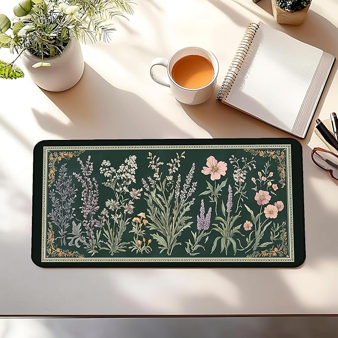 Deep Green Retro Desk Pad, Plant Flower Mouse Pad XXL, Large Gaming Mouse Mat, Laptop Pad, Desktop Protective Pad, Computer Mats with Stitched Edges, Women Office Desk Accessory 31.5"X15.7"
