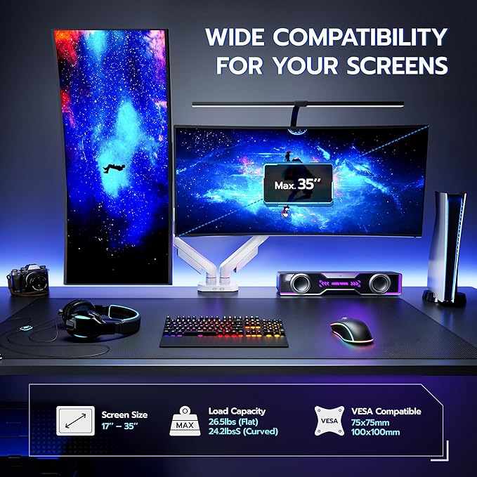 ARES WING Dual Monitor Arm for 17-35 Inch Flat Curved Ultrawide Screens Up to 26.5lbs, Fully Adjustable Dual Monitor Mount, C-Clamp & Grommet Base, 75/100 Vesa Mount, White